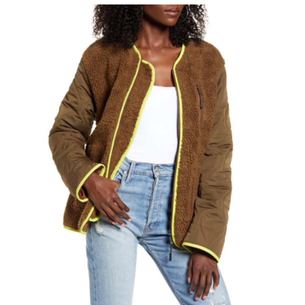 J.O.A. Size S Mix Media Faux‎ Shearling Jacket Brown Lime Green Trim Warm Casual